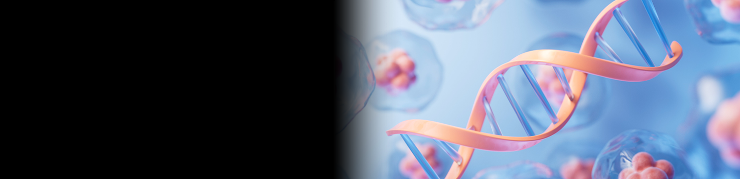 Image of a DNA double-helix with other cells in the background