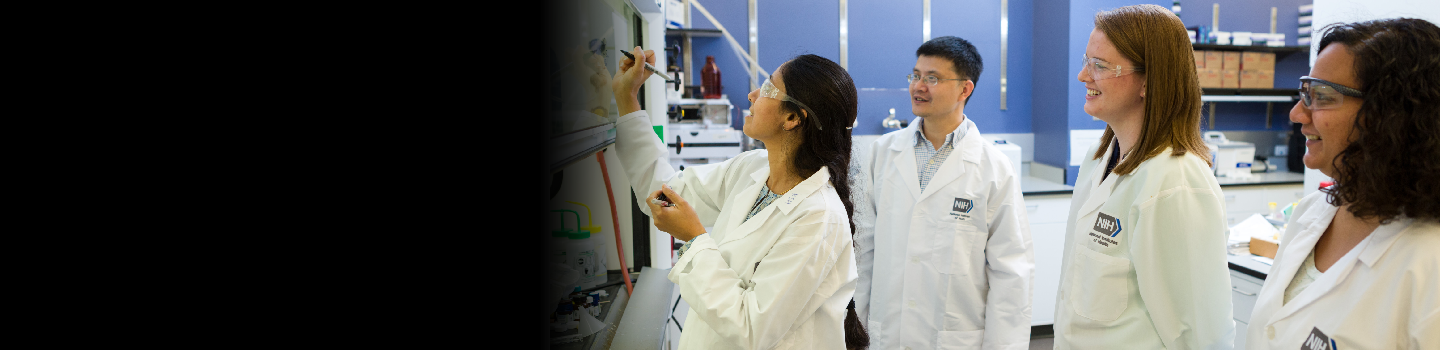 Group of scientists looking at a white board
